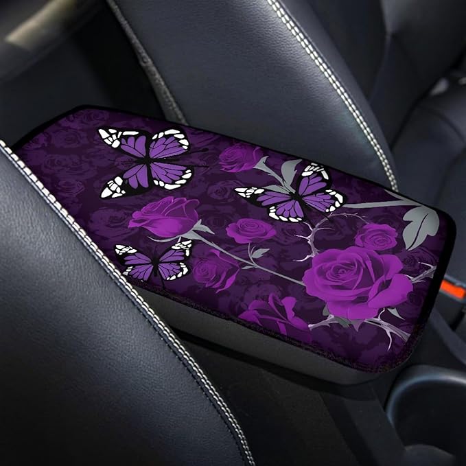 Purple Rose Butterfly Armrest Cover Pad for Cars Comfortable Soft Car Center Console Armrest Cushion Pads Rose Butterflies Auto Accessories Universal Fit for Most Cars