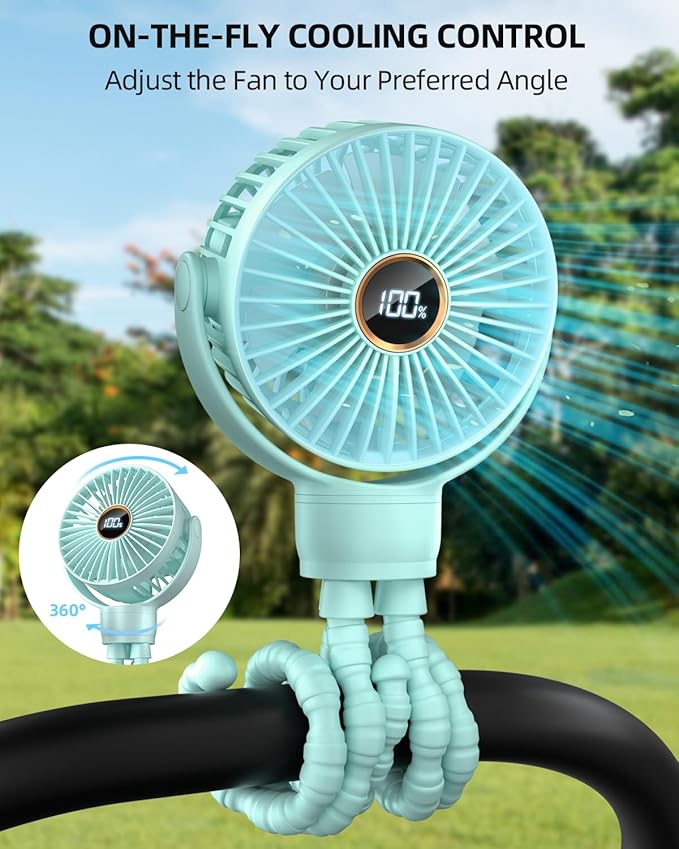 Portable Stroller Mini Fan, Small Rechargeable Personal Fan, Travel Essentials for Baby, Wagon, Car Seat, Treadmill, Battery Powered Biking Gear Accessories, 360° Rotation, 3-Speed, Display, Aqua
