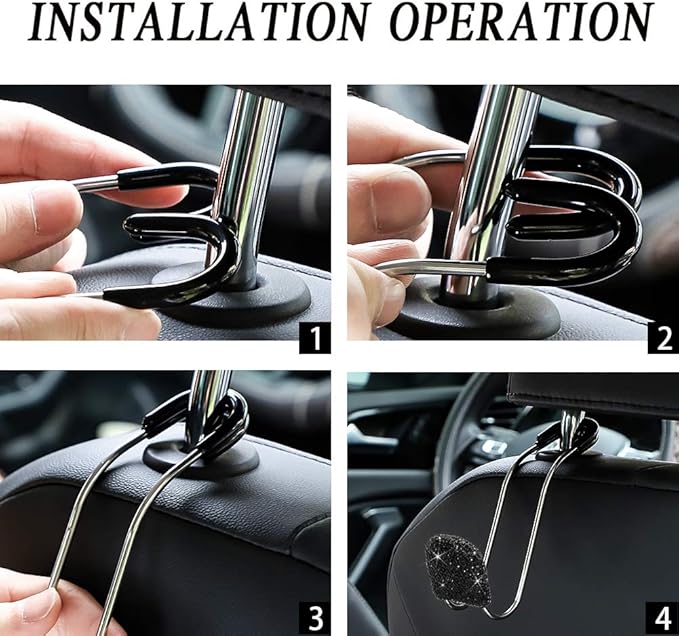 SAVORI Car Headrest Hooks Bling Car Accessories Rhinestones Universal Auto Back Seat Headrest Metal Hanger Organizer Vehicle Holder for Bag Purse Clothes Grocery 2PCS (Black)