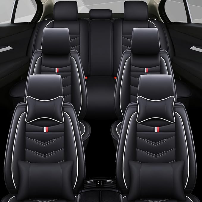 Car Seat Cover 7 Seats for Ford Explorer 2000-2025, Waterproof Durable Compatible Airbag, Premium Leather Seat Protector(7 Seats Luxury,Black White)