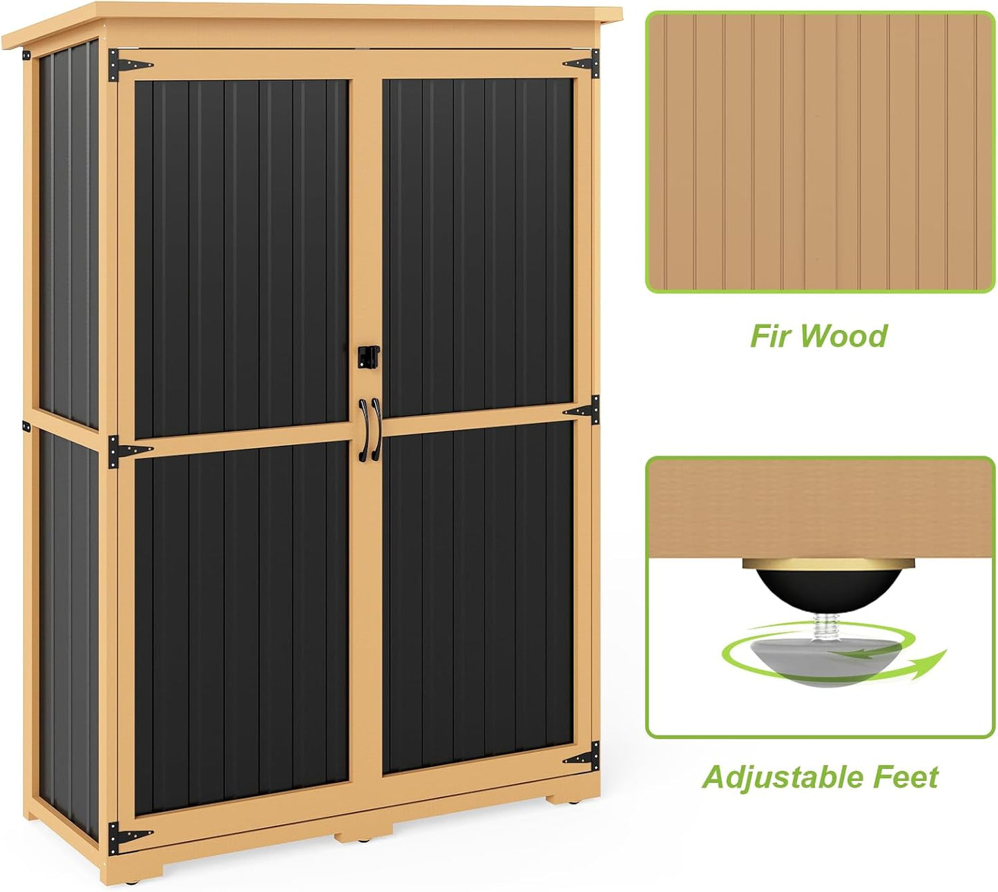 Outdoor Storage Shed with Shelf,Wood & Metal Storage Cabinet with Lockable Doors & Sloping Roof,Vertical Garden Shed for Patio Backyard,Tool Shed and Accessories, Brown