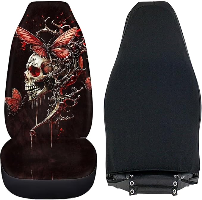 Skull Butterfly Car Seat Covers Comfortable Front Car Seat Covers Elastic Fabrics Cars Interior Automotive Easy Installation Universal Fit Most Cars,SUV, Trucks