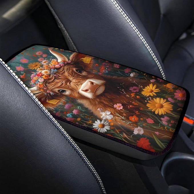 Dreaweet Car Center Console Cover Cute Highland Cow Car Accessories Interior for Women Soft Comfy Arm Rest Cover for Truck SUV Van,Car Armrest Cover Center Console Cushion Pad Universal Fit