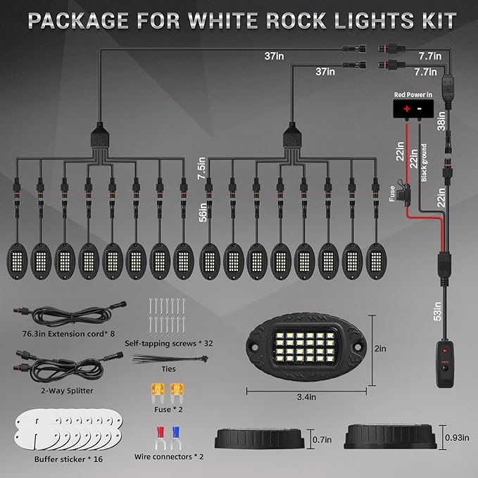 20 Pods Alloy Pure White LED Rock Lights with Extension Wires, IP68 Waterproof Shockproof 24LEDs 6500K Super Bright White Neon Underglow Kit for Semi Trucks Trailer Offroad Pickup Boats Sedans RV