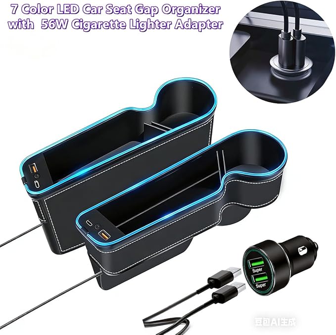 7 Colors LED Car Seat Gap Organizer Front Seat Organizer with 56W Fast Charger Center Console Gap Filler with USB Type C Charging Car Organizer with Cup Holder,LED Auto Interior Accessories (Black)
