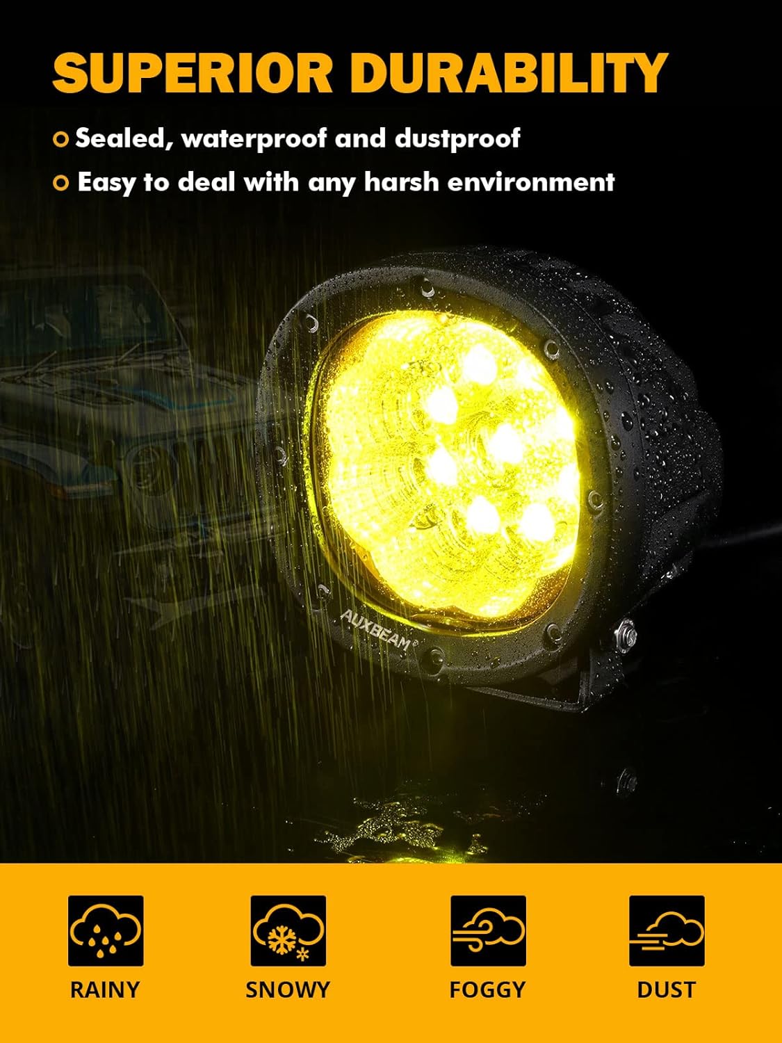 Auxbeam 4 Inch Amber Round LED Driving Light, 2PCS 90W 9000LM Yellow Fog Pods Light Bar Off-Road Flood Work Energy-Efficient Lights with DT Plug Wiring Harness Kit for Truck Jeep Pickup ATV UTV SUV