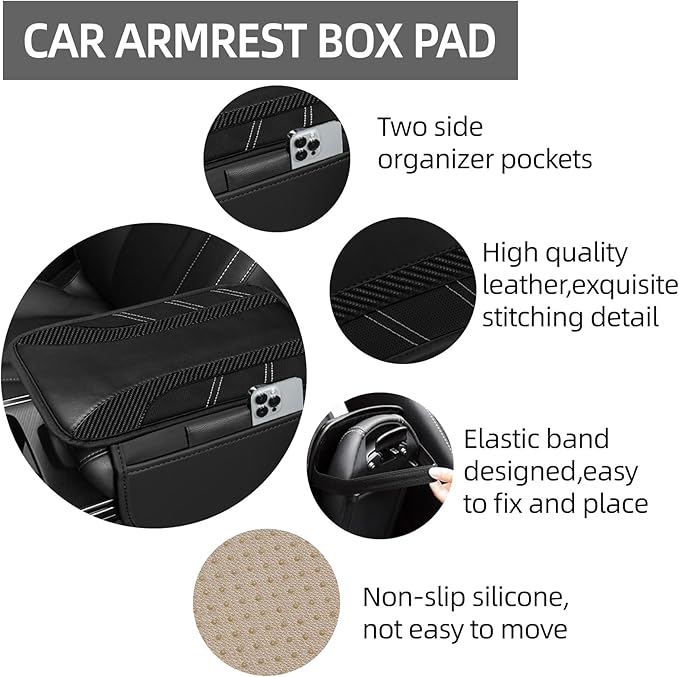 NBTEPEM Black Center Console Cover, Sporty Leather Armrest Cover Cushion with 2 Storage Pockets, Universal Auto Middle Console Protector, Car Interior Accessories for Most SUV, Truck, Sedan Vehicles