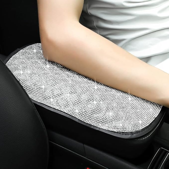 SAVORI Bling Car Armrest Cover Diamond Rhinestone Auto Center Console Cover Protector Arm Rest Cushion Pads Universal Bling Car Accessories for Women Girl Cute Vehicle Interior Decor (White)