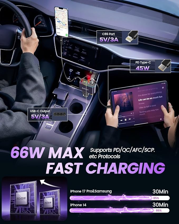 【2026 Upgrade】 5 in 1 Retractable Car Charger USB C - Fast Charging Retractable Car Phone Charger with Car Air Freshener Diffuser - 66W Cigarette Lighter Adapter USB-C/Type-C for iPhone17/16/15/14