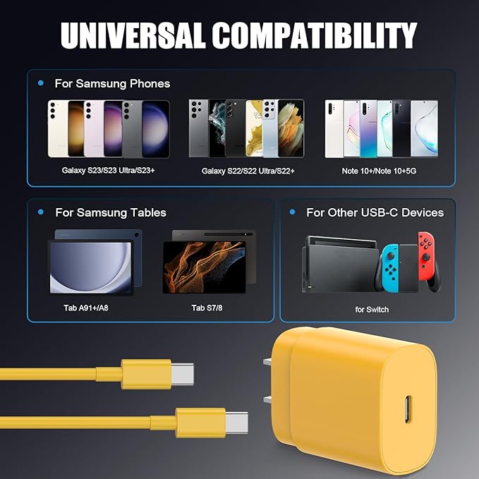 Essri Type C Charger Fast Charging for Samsung Galaxy S25/S24/S23/S22/Note 20,4Pack 25W Super USB C Fast Charger Block with (6ft+10ft) x2 Cables for iPhone 15/16 Pro Max/Plus, Android Phones-Yellow