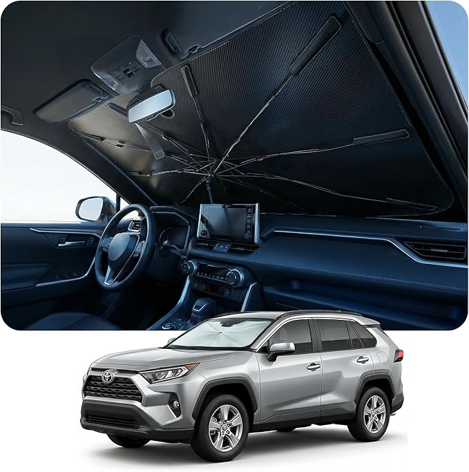 [Upgraded] DooGooCoo Windshield Sun Shade Umbrella - Large, Car Sunshade for Front Windshield [UV Block & Heat Shield], Keep Car Cooler & Protect Interior Sun Shade for car Windshield (61"x35")