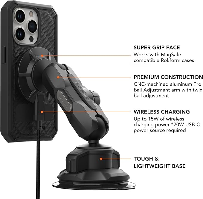 Rokform Wireless Car Charger, Magnetic Windshield Phone Mount, Twin Ball Adjustment 360° Rotation, Compatible with Mag Safe Cases, Strong Suction Cup, USB-C to USB-C Cable Included (Black)
