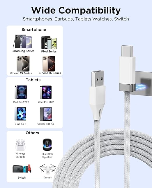StayCable 3.3FT USB A to USB C Cable with Built-in Magnetic Holder for Nightstand, Desk and Car, 3A Fast Charging Anti-Drop Cord with 2 Adhesive Metal Plates, Braid Type-C Data Cable for iPhone 17