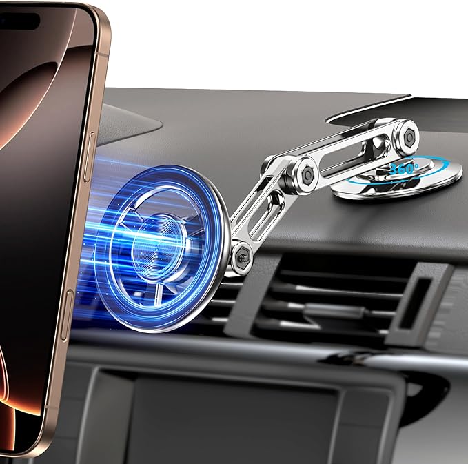Ultra Magnetic Long-Arm Phone Holder Stand, Fits for MagSafe Car Mount Bracket【Windshield+Vent+Dash】, 360° Rotation Adjustable Strong Magnet Car Mount Desk Office Phone Cradle Holder, Silver