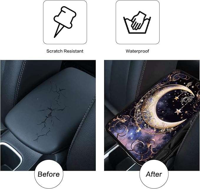 Car Armrest Cover Pads Universal Fashion Cute Auto Center Console Armrest Cover Pad with 2PCS Car Coasters Soft Waterproof Car Armrest Seat Protector for Women Girls, Crescent Stars in Sky