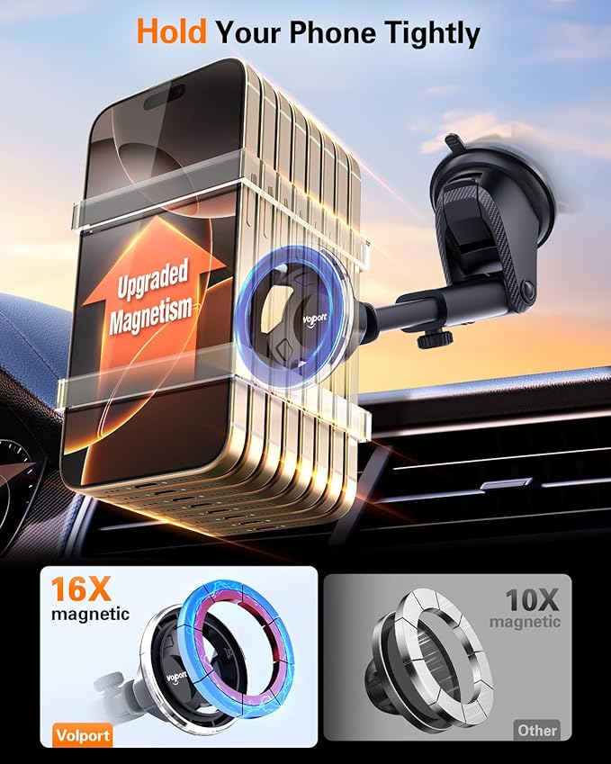 volport for Magsafe Car Mount [Dashboard & Windshield]: Universal Dash Magnetic Phone Holder [360° Rotatable Suction Cup], Strong Window Magnet Mobile Stand for iPhone Samsung Mag Safe Cell Phone Case