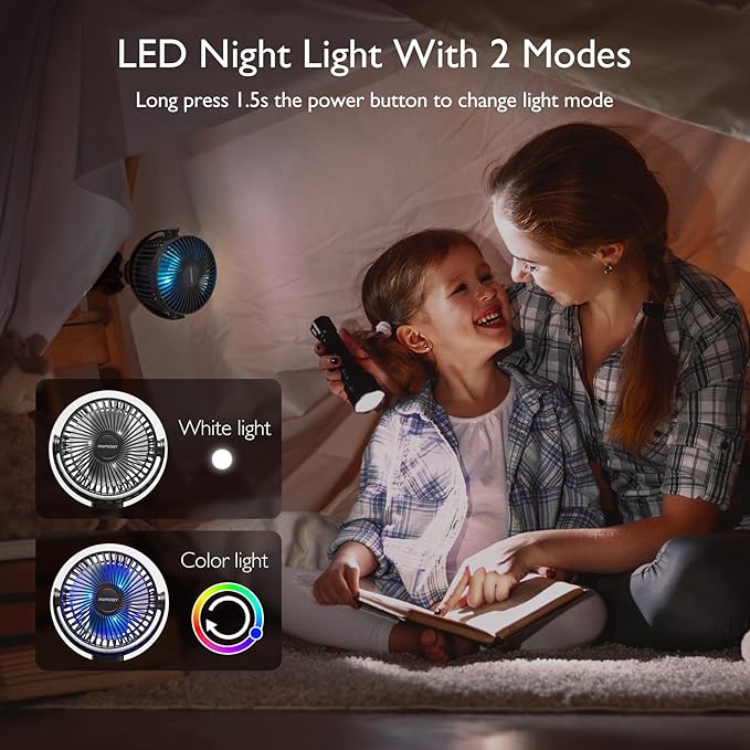 Momcozy 8000mAh Portable Stroller Fan | 27H Ultra-long Battery Life | Detachable 4 Speed 360°Rotate | 2 Modes LED Night Light, USB Rechargeable Handheld Cooling Fan for Travel, Car Seat, Bedroom