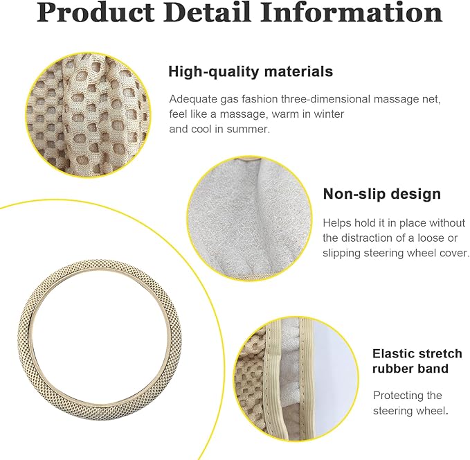 Kewucn Car Elastic Stretch Steering Wheel Cover, Soft Microfiber Breathable Ice Silk, Universal 15 Inch Anti-Slip Auto Steering Wheel Protector, Fit Car, SUV, Van, Sedan, Truck (Beige)