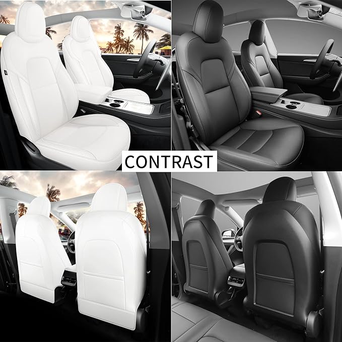 Tesla Model Y Seat Covers White Tesla Car Seat Cover 12pcs Waterproof Nappa Leather Seat Cover Fully Wrapped Customized for Tesla Model Y 2020-2024 (TY-White)