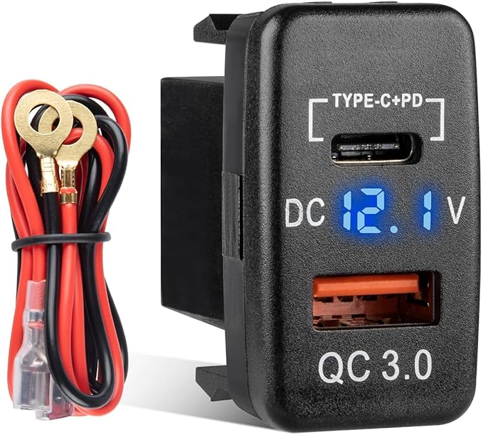 Anina for Toyota USB C Car Charger Socket, 12V/24V Dual USB Outlet PD3.0 & QC3.0 Car USB Port with LED Voltmeter for Toyota Tundra 2005-2006 4Runner 2003-2009 Hilux 2005-2014 (1.57 * 0.9 Inch)