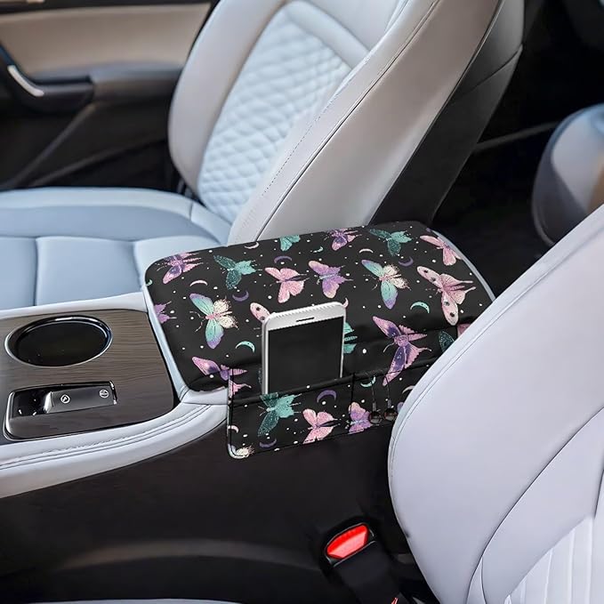 Car Center Console Pad with Pockets, Butterfly Mooon Print Car Armrest Seat Box Cushion, Car Interior Accessories, Auto Armrest Cover Protector for Most Vehicle, SUV, Truck