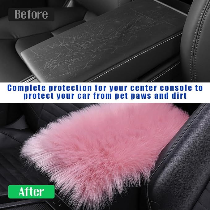 Furry Car Center Console Cover, 11.8"×7.9" Sheepskin Wool Armrest Box Cushion Pad, Comfort Soft Auto Center Console Protector, Interior Decor Accessories for Most Vehicles (Pink)