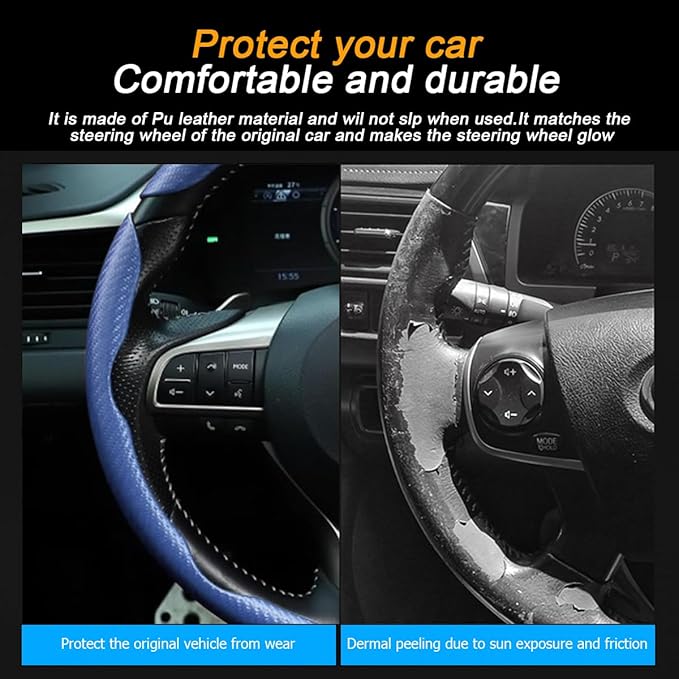 Mandark 3PCS Carbon Fiber Car Steering Wheel Cover, Anti-Skid Leather Vehicle Segmented Steer Wheel Protector, Auto Interior Protection Guard Accessories, Universal for Most Cars (Blue)