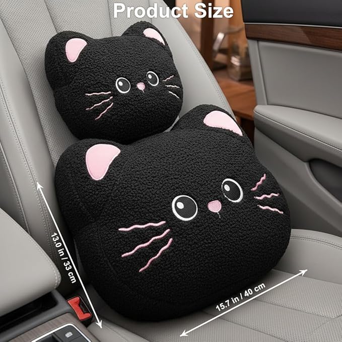 Cute Plush Black Cat Car Seat Headrest and Lumbar Support Pillow Set, Soft Neck Cushion for Driving Comfort, Set of 2