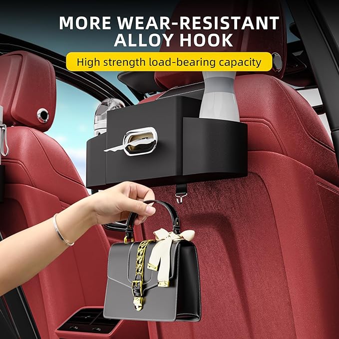 Back Seat Car Organizer with one Towel Leather wood materials Car Back Seat Storage Box 2 Drink Cup Holder Tissue Box for Hold Phone Drinks Handbag Compatible with Most Vehicles (Black)