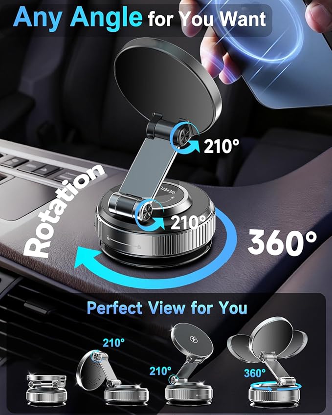 Vacuum Magnetic Car Phone Holder 360° Strongest 120LBS Ultra Suction Cup Phone Mount for MagSafe Dashboard Cell Phone Holders for Your Car/Gym/Mirror Bracket for iPhone 17 & Android, Metal Stand Rotor