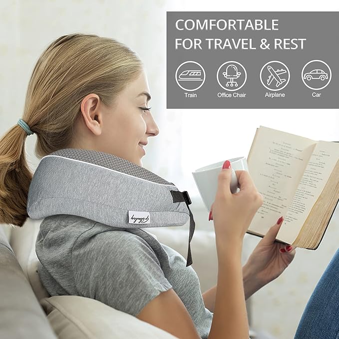 Travel Pillow for Airplane Memory Foam - Neck Support Travel Pillows for Sleeping, Traveling, Car, Home - Adult Flight Pillow Kit with Sleep Mask, Earplugs, Breathable Cover Machine Washable, Gray