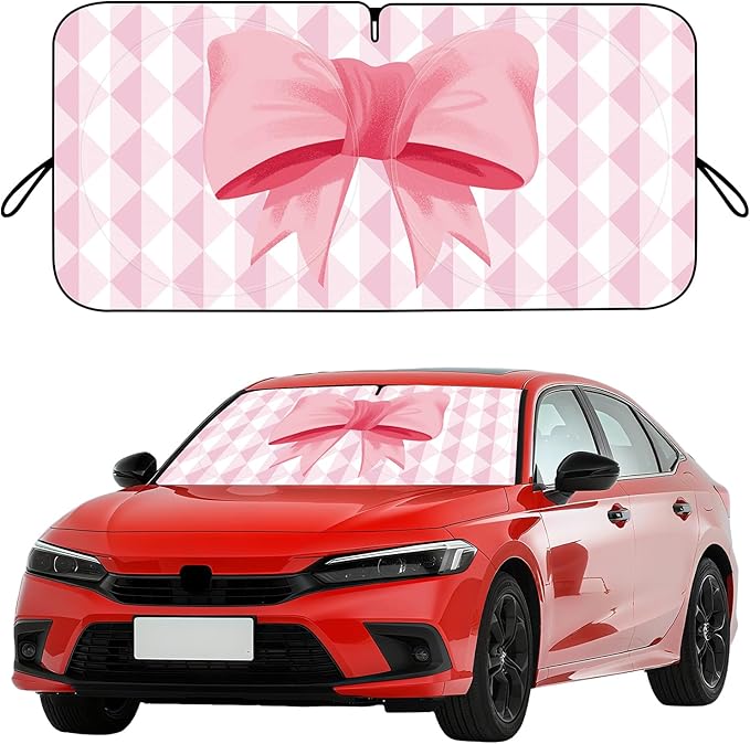 Car Windshield Sun Shade, Cute Bow Sun Visor - Wear-Resistant Black Tape, Foldable 59'x27.5'/63''x31.5''