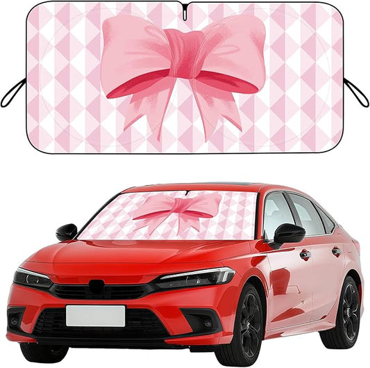 Car Windshield Sun Shade, Cute Bow Sun Visor - Wear-Resistant Black Tape, Foldable 59'x27.5'/63''x31.5''