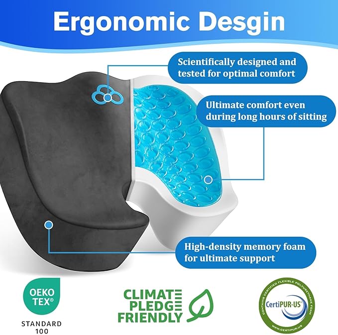 Seat Cushion, Gel Chair Cushions, Office Chair Cushions, Anti-Slip Bottom & Removable Cover Tailbone Pain Relief Cushion, Memory Foam Seat Cushion, 5.28 in Thick (Grey)