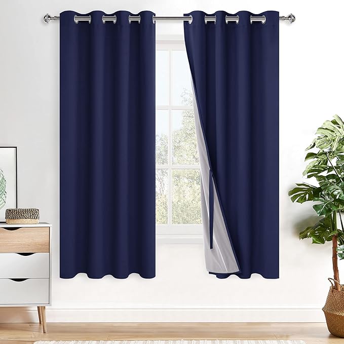 XWZO 100% Blackout Curtains 63 Inches Long with Tiebacks- Full Shade Window Drapes Thermal Insulated Double Layer with Black Liner for Bedroom/Living Room, Grommet, Navy Blue, W42 x L63, Set of 2