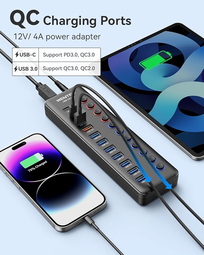 Powered USB 3.0 Hub, Wenter 48W 11-Port USB Hub Splitter (7 Faster Data Transfer Ports+ 4Pcs QC Charging Ports) with Individual LED On/Off Switches, USB Hub 3.0 Powered with Power Adapter