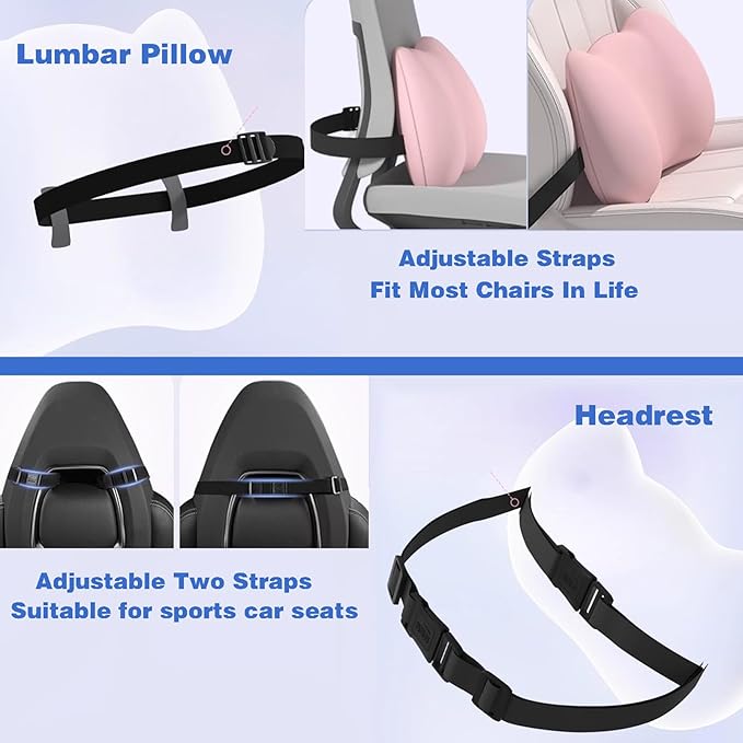 Lumbar Support Pillow for Car/Office Chair, Memory Foam Back Cushion for Car Seat, Lower Back Pillow Fits Most Cars, Trucks, with Adjustable Strap and Washable Cover, Back Pain Relief,Gray