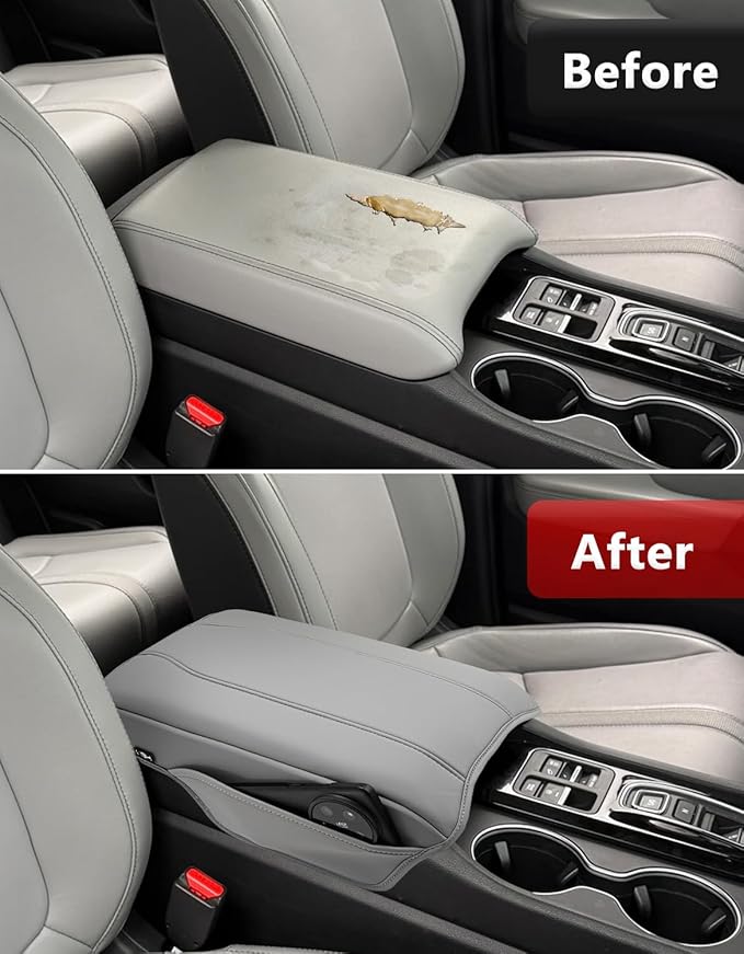 KBH Center Console Armrest Cover for Honda Pilot 2023-2026, Ridgeline 2024 2025, Passport 2024-2026, Middle Console Lid Protector, Vinyl Leather Trim with Side Pockets, Anti-Scratch, Gray
