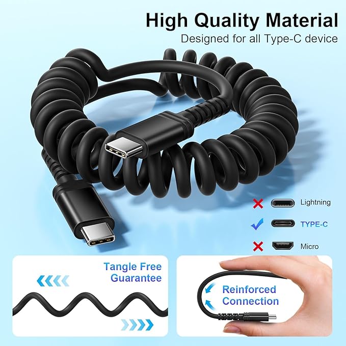 Car Charger Fast Charging 2 Pack, 38W USBC Power Cigarette Lighter Car Charger, Multi Port PD/QC 3.0 Cargador para Carro with 6FT Coiled Type C Charging Cable for Phone iPhone 16/15 Pro, Carplay