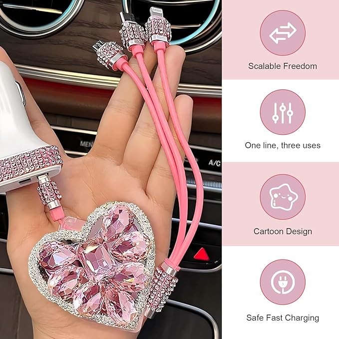 Multi Charging Cable, 3 in 1 Multi Charger Cable with Type-C/Lightning/Micro USB Connectors, Rhinestone Retractable Car Charger Cord, Universal for Most Phones, Tablets (Pink)