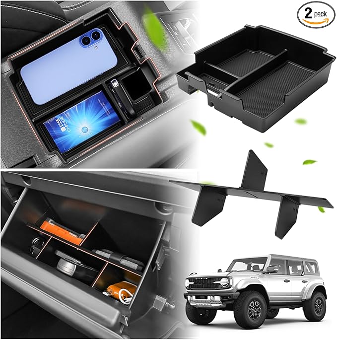 Sunsdrew 2025 Upgraded Center Console Organizer for 2025 2026 Ford Bronco 4-Door Accessories,2PCS Bronco Armrest Storage Box&Glove Box Organizer Slide smoothly Black(Not for 2-Door&Bronco Sport)