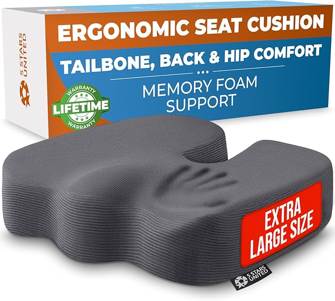 5 STARS UNITED Seat Cushion - Memory Foam Chair Cushion for Tailbone Pain Relief - Ergonomic Support for Coccyx, Sciatica & Butt - Office, Desk & Gaming Chair, Car Seat, Wheelchair, Airplane, D Gray