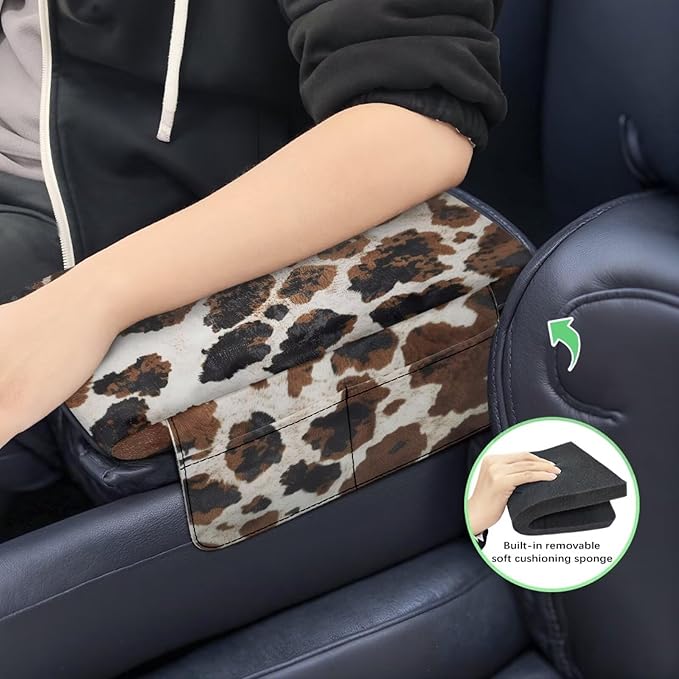 Wanyint Brown Black Cow Print Car Center Console Pad Soft Armrest Cover Protector with Pockets Storage Bag Scratch Resistant Arm Rest Covering Middle Console Pad Auto Decoration