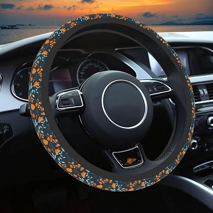 Orange Wildflowers Steering Wheel Cover, Cute Print Steering Wheel Cover Protector, Ultra Thin Breathable Non-Slip, Car Accessories for Women, for Steering Wheel with a Diameter of 14.5"-15"
