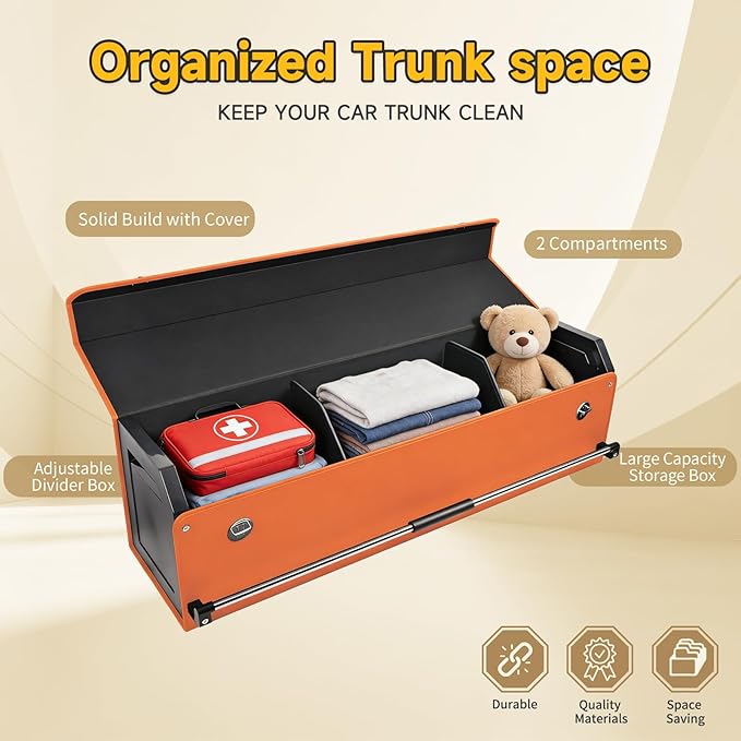 Car Trunk Organizer, Collapsible Sturdy Trunk Storage Container with Lid and Handle Large Leather Car Trunk Storage (Orange, 39.7 x 11.4 x 12.2in)