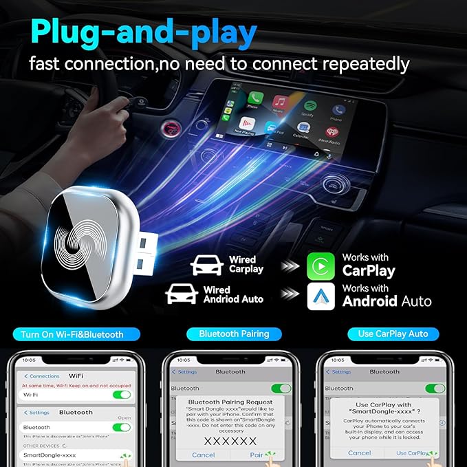 2026 Upgraded Wireless CarPlay Adapter, Bluetooth Car Play Wireless Adapter Mini 2-in-1 Android Auto Adapter, Plug & Play Zero Latency Auto-Connect, USB-A/Type-C Interface, Fits iOS 10+ & 2015+ Cars