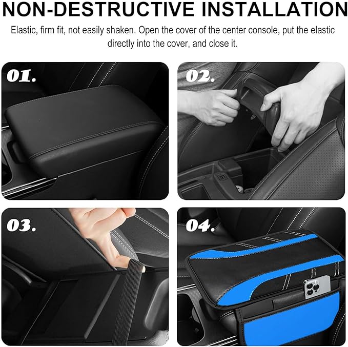 NBTEPEM Blue Center Console Cover, Sporty Leather Armrest Cover Cushion with 2 Storage Pockets, Universal Auto Middle Console Protector, Car Interior Accessories for Most SUV, Truck, Sedan Vehicles