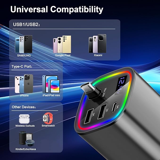 Car Charger USB C - Cigarette Lighter Adapter 78W Fast Retractable Car Charger for iPhone 17 16 pro max 15 14 13 12 Android, 4 in1 Phone Charger with C Cable & Lights for Cars, Car Accessories Gift