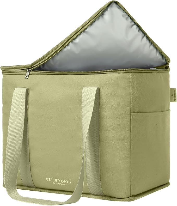 Nook Theory Reusable Insulated Grocery Bag - Leak Proof, X Large Cooler Bag - Insulated Shopping Bags for Groceries - Travel Cooler Bag for Frozen and Hot Food with Zippered Top (Full Sage)