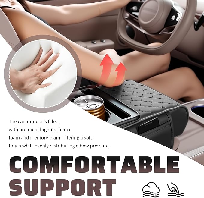 2026 New 5 in1 Car Armrest Storage Box,Multifunctional Leather Car Armrest Box Pad with Cup Holder & Phone Holder & Storage Bag,Comfortable Center Console Cover for Elbow Support